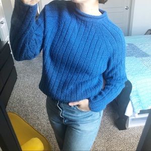 Vintage Blue Ribbed Sweater Roll Neck Chunky Knit